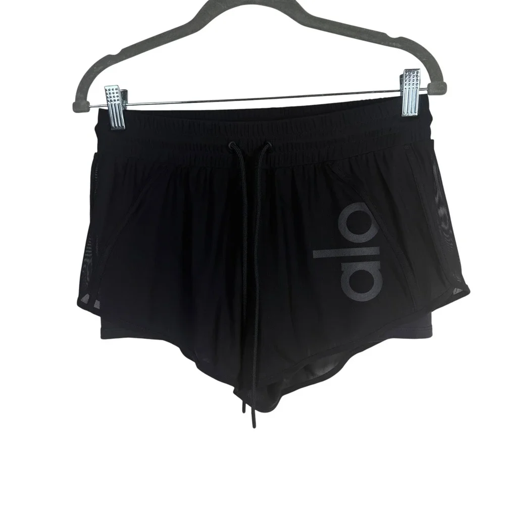 ALO Yoga Ambiance Layered Shorts Mesh Overlay Drawstring Waist Black Size Small